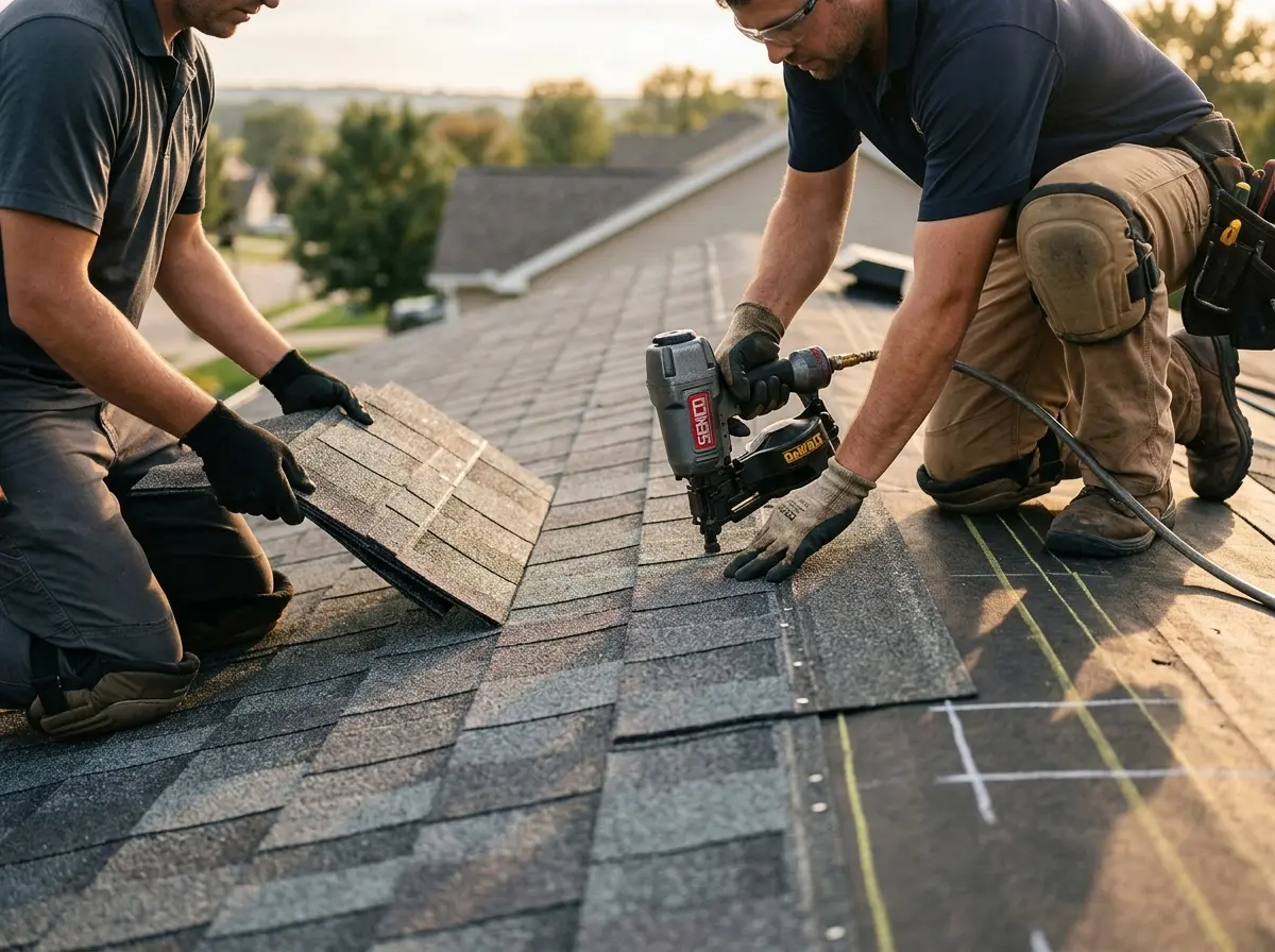 Professional roofer working on a residential roof in Hillview